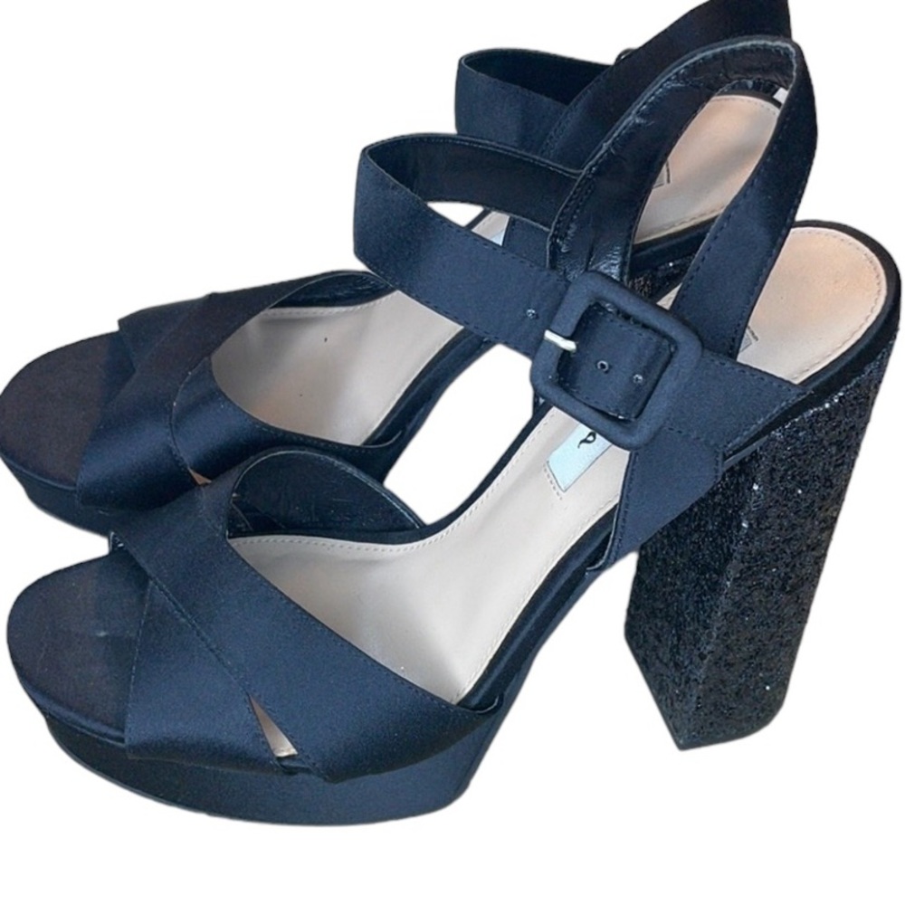 Nina Leonard size 10 black satin platform heels glitter detail